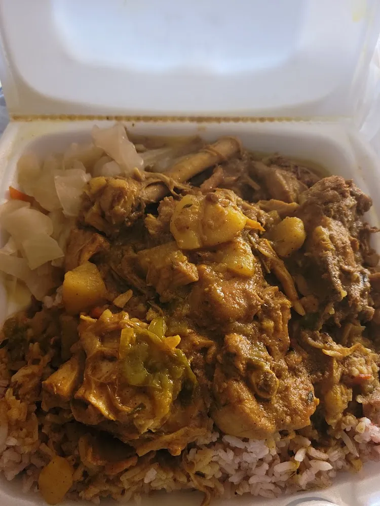 Curry Chicken over Rice & Beans & Cabbage