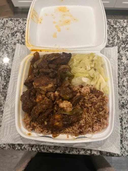 Curry Goat Rice and Peas and Macaroni and Cheese