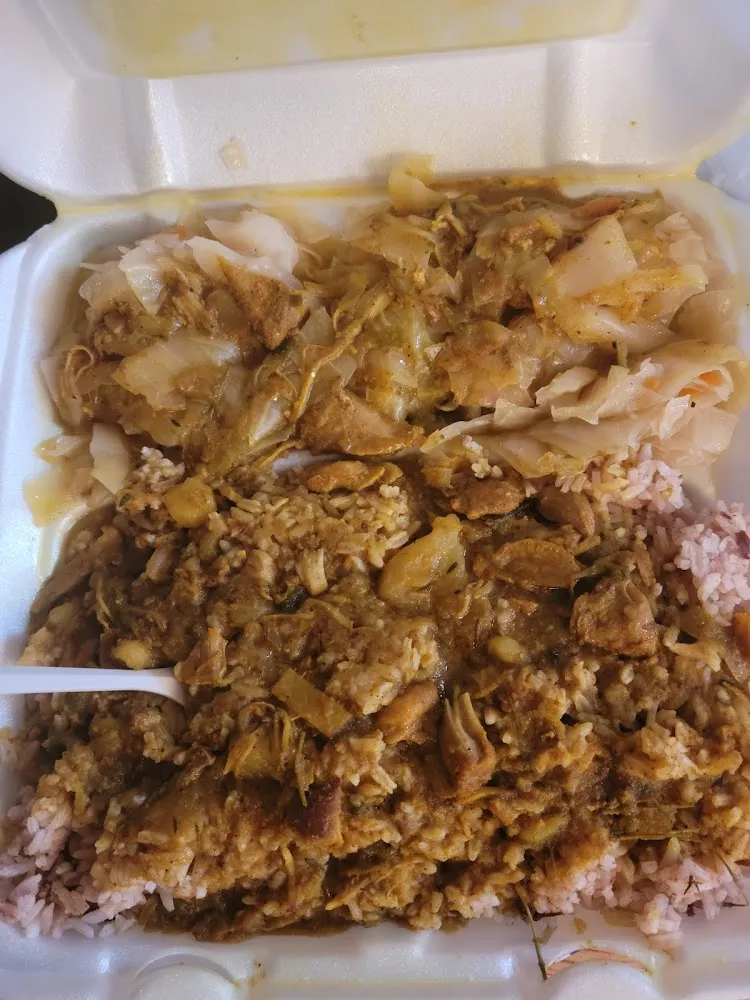 Veggie Platter Rice & Beans Cabbage with Curry Chicken Gravy